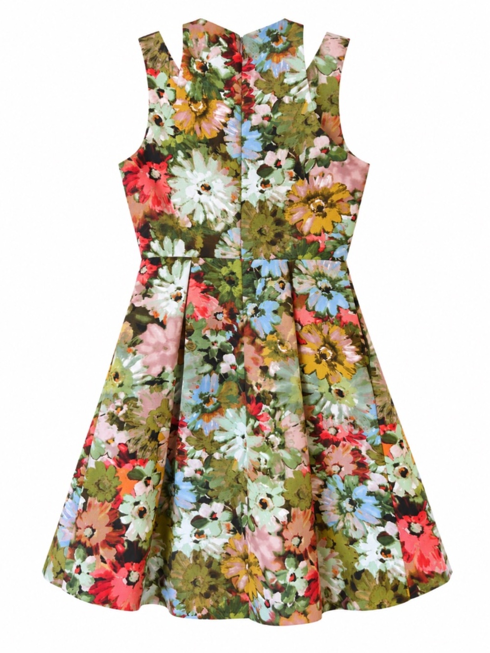 NEIMAN MARCUS Vibrant Floral Fit & Flare Cold Shoulder Pleated Cocktail Dress 4 - Picture 4 of 9